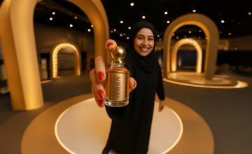 Guests creating custom fragrances at a luxury perfume bar during a corporate event in Dubai, hosted by Mirror Booth Dubai for an interactive brand experience.